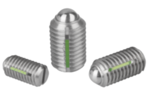 Federnde Druckstücke  mit Schlitz und Kugel, Edelstahl, mit Gewindesicherung