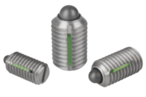 Federnde Druckstücke  mit Schlitz und Druckstift, Edelstahl, mit Gewindesicherung