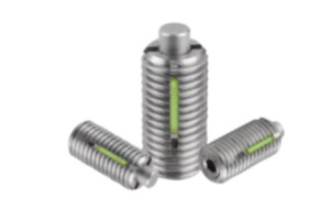 Federnde Druckstücke  mit Innensechskant und Druckstift abgeflacht, Edelstahl, mit Gewindesicherung