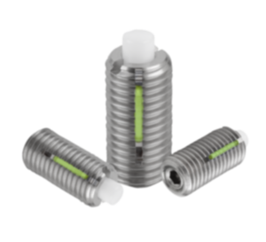 Spring plungers  with hex socket and flat POM thrust pin, stainless steel, with thread lock