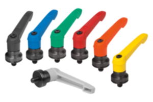 Manette indexable en plastique avec filetage et palier anti-friction, insert fileté en acier bruni