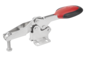 Toggle clamps horizontal with safety interlock  with flat foot and adjustable clamping spindle, stainless steel