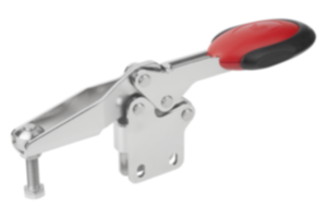 Toggle clamps horizontal with safety interlock with straight foot and adjustable clamping spindle, stainless steel