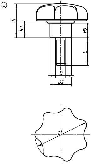 Sterngriffe Kunststoff metall-detektierbar mit vorstehender Stahlbuchse, Form L, mit Außengewinde